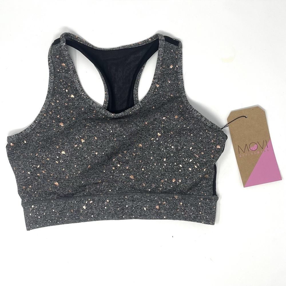 Movi Sports Bra Padded Mesh Racer Back Black Gray Gold Speckled Activewear NWT‎